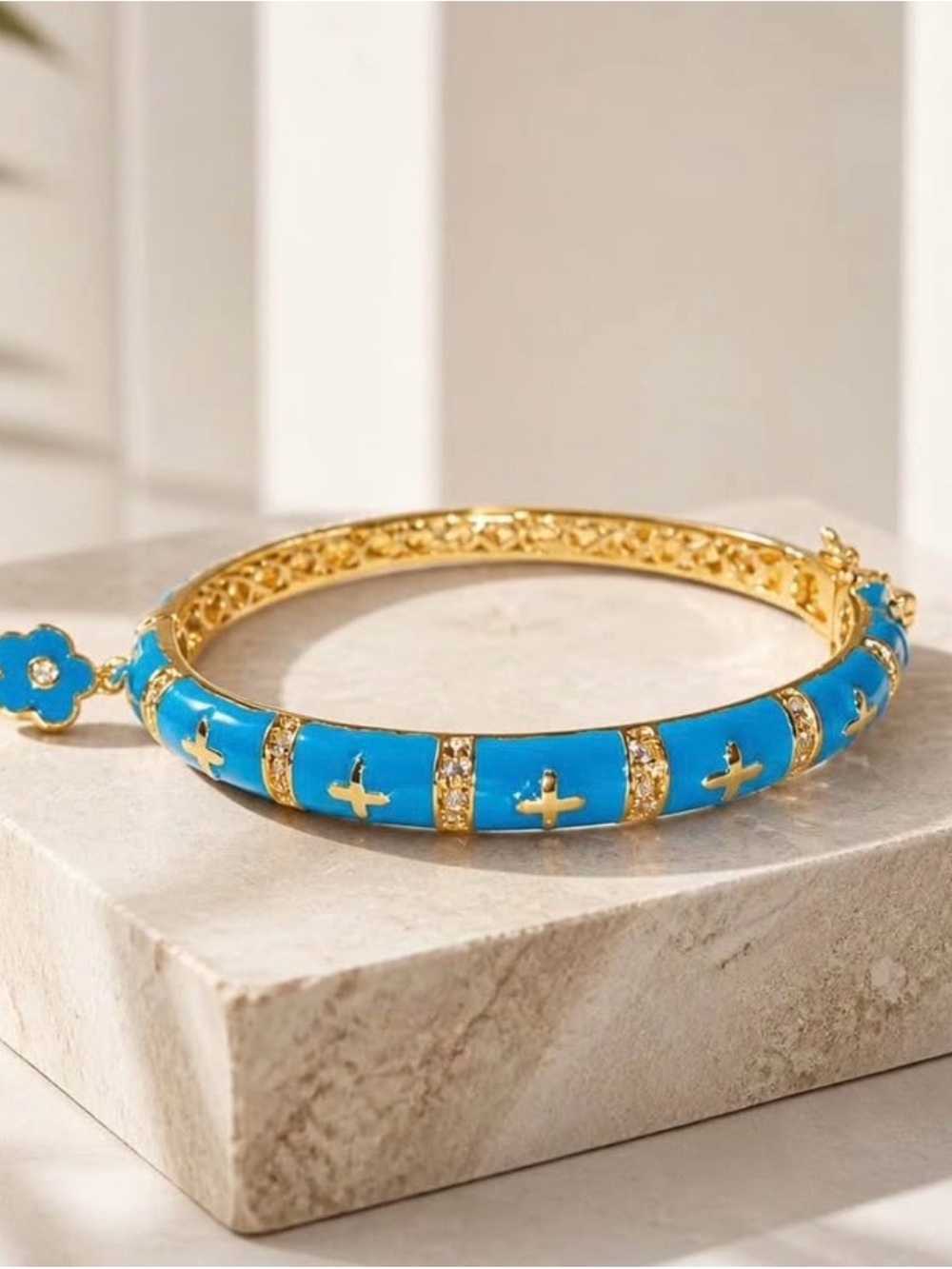 Gold & Blue Enamel Bangle Bracelet with Crystal Accents